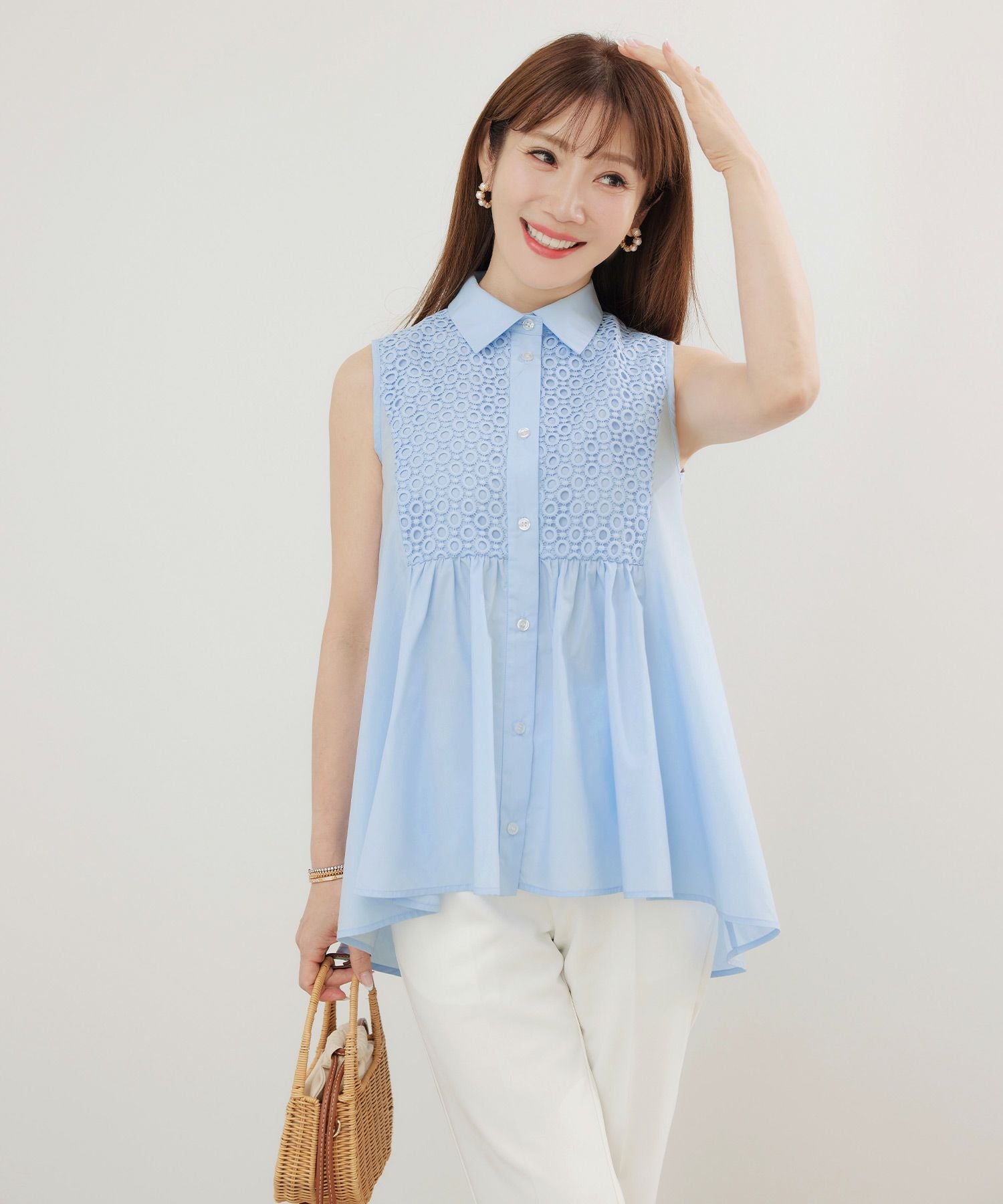 EarlyAutumn-SALE 襟付き レース ノースリーブ ブラウス Liala×PG 全3