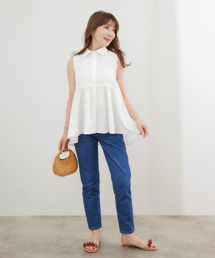 手洗い可かわいい上品きれいめ大人カジュアルシンプルエレガントノースリーブ体型カバージョイントスペース