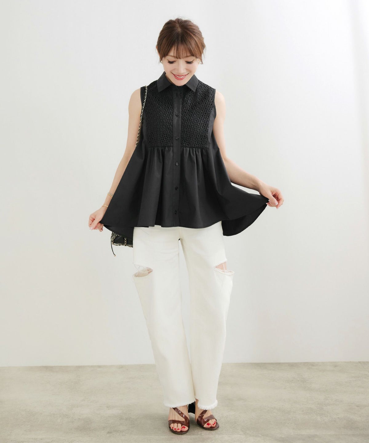 手洗い可かわいい上品きれいめ大人カジュアルシンプルエレガントノースリーブ体型カバージョイントスペース