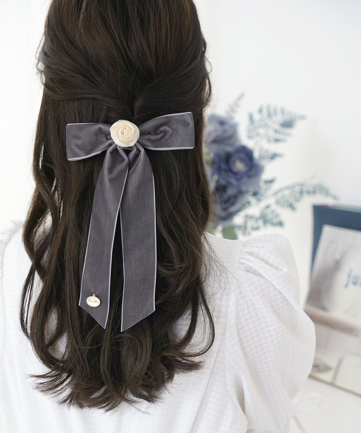 レディースヘアアレンジバレッタへアクリップ髪留めポニーテールハーフアップリボン薔薇花チャーム上品フェミニン