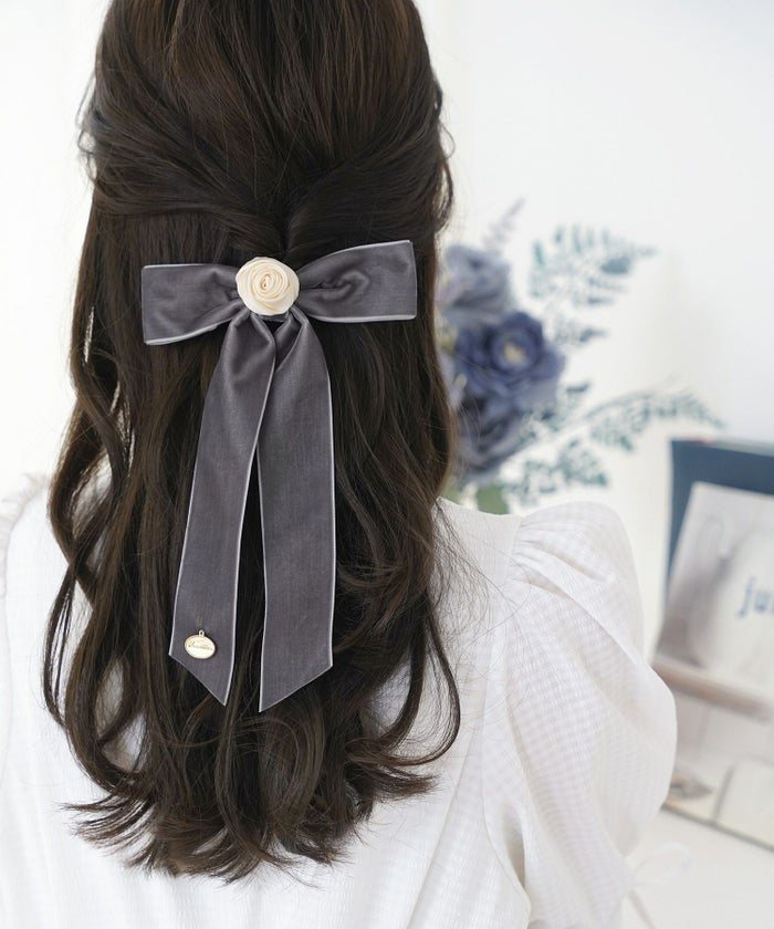 レディースヘアアレンジバレッタへアクリップ髪留めポニーテールハーフアップリボン薔薇花チャーム上品フェミニン