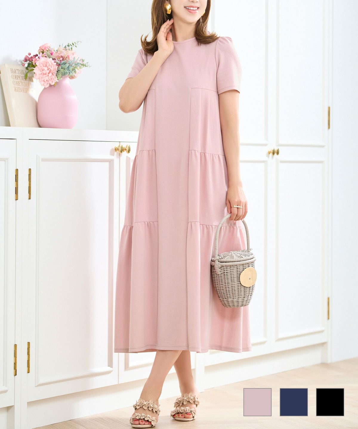 ワンピース レディース きれいめ かわいい 大人 オフィス 夏 春 ピンク 黒 ロング カットソー 半袖 ジョイントスペース クールタッチ ティアード リラックス ワンピース Prima Scherrer