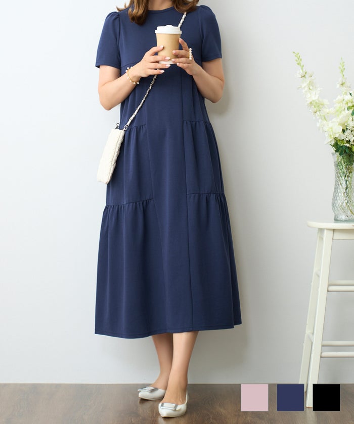 ワンピース レディース きれいめ かわいい 大人 オフィス 夏 春 ピンク 黒 ロング カットソー 半袖 ジョイントスペース クールタッチ ティアード リラックス ワンピース Prima Scherrer