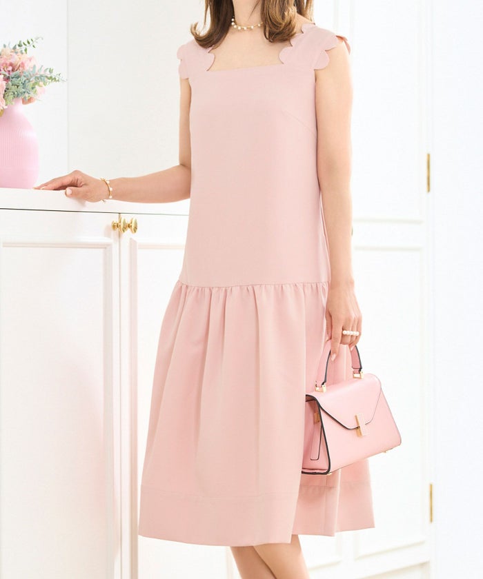 ショルダースカラップティアードクールワンピースノースリーブ緑黄色オレンジ