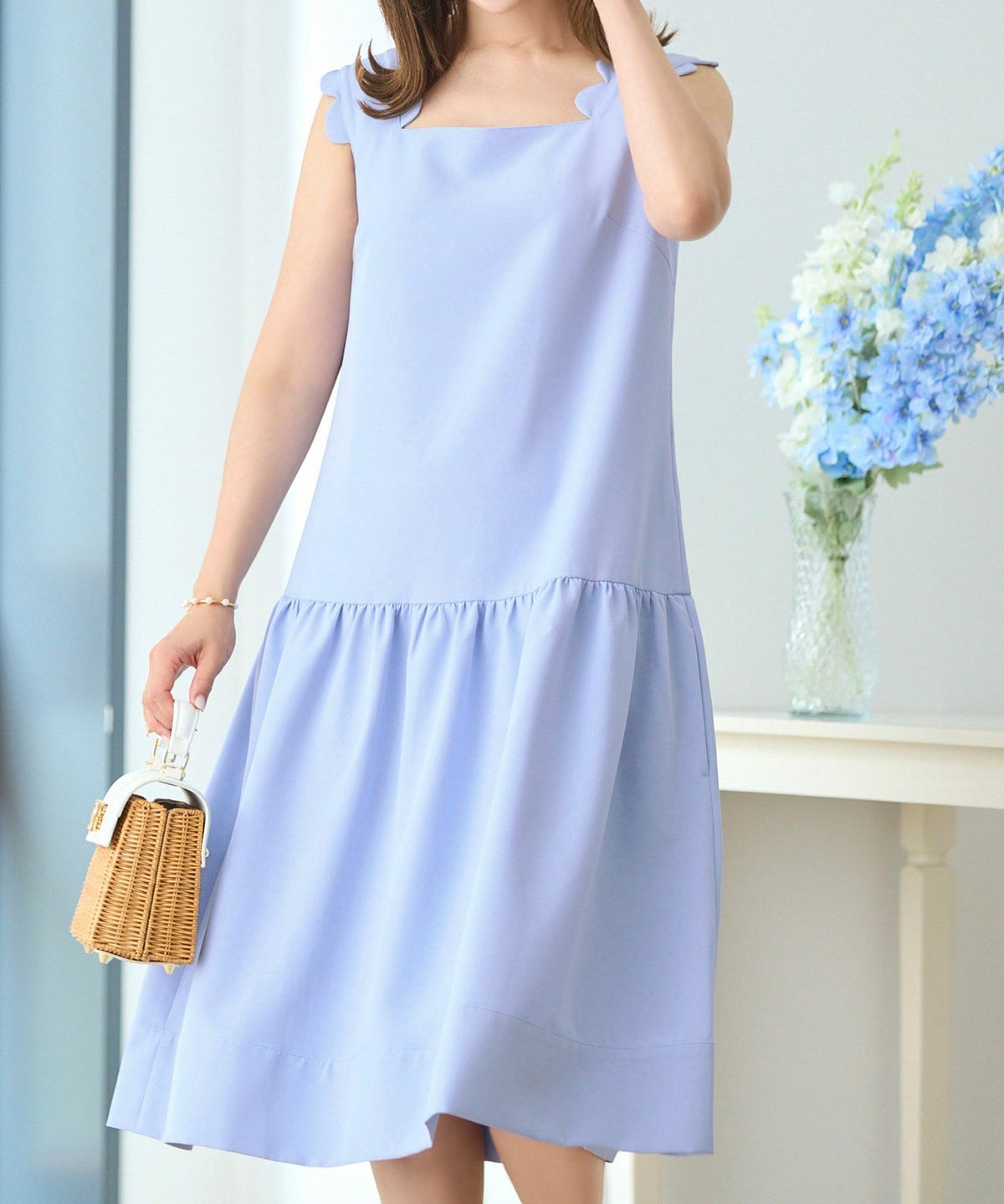 ショルダースカラップティアードクールワンピースノースリーブ緑黄色オレンジ