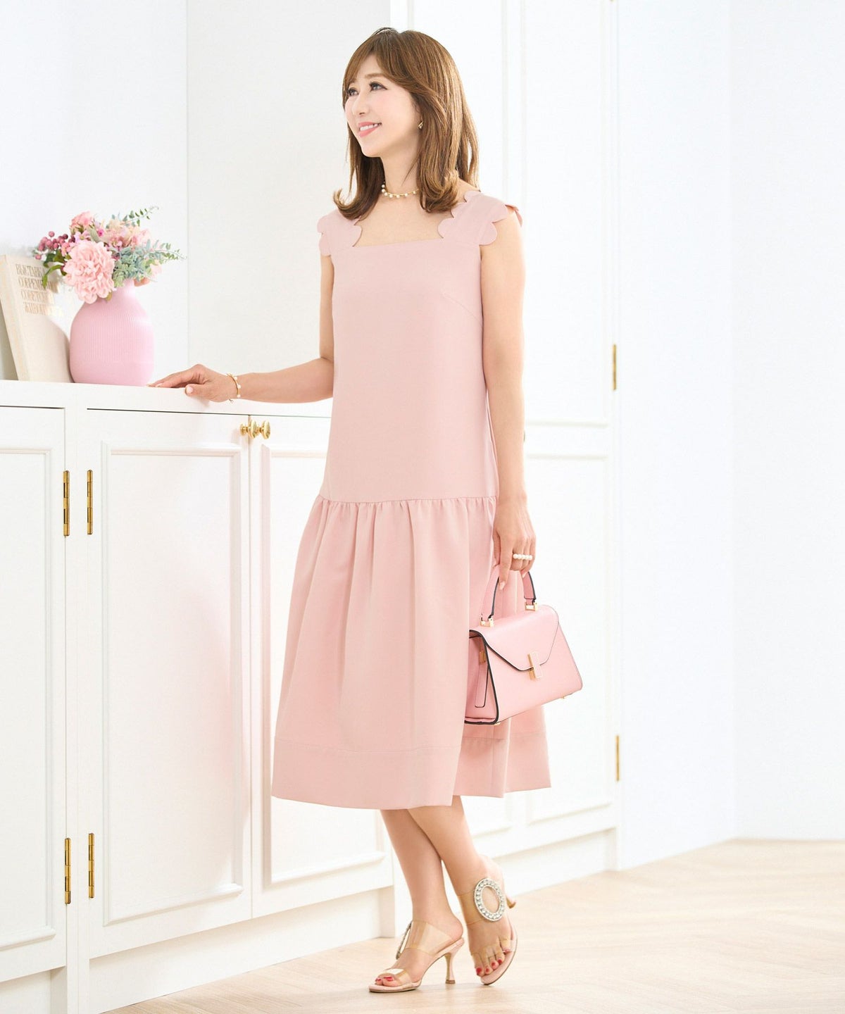 ショルダースカラップティアードクールワンピースノースリーブ緑黄色オレンジ