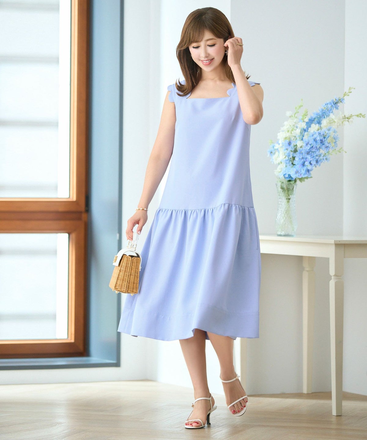 ショルダースカラップティアードクールワンピースノースリーブ緑黄色オレンジ