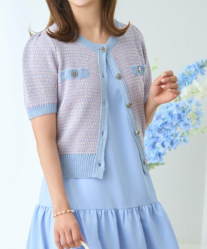 サマーツイード編みニットカーディガン半袖袖口裾リブ