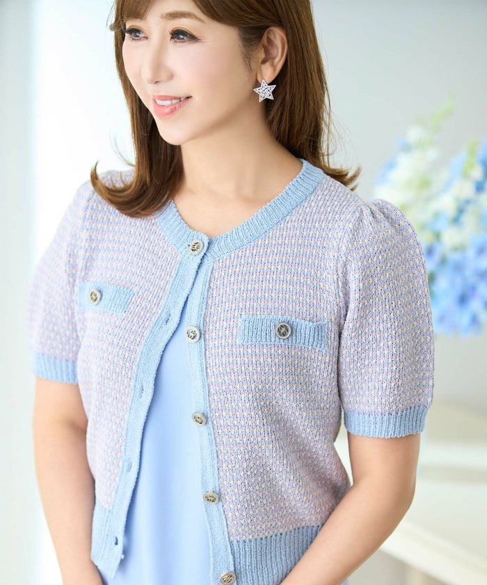 サマーツイード編みニットカーディガン半袖袖口裾リブ