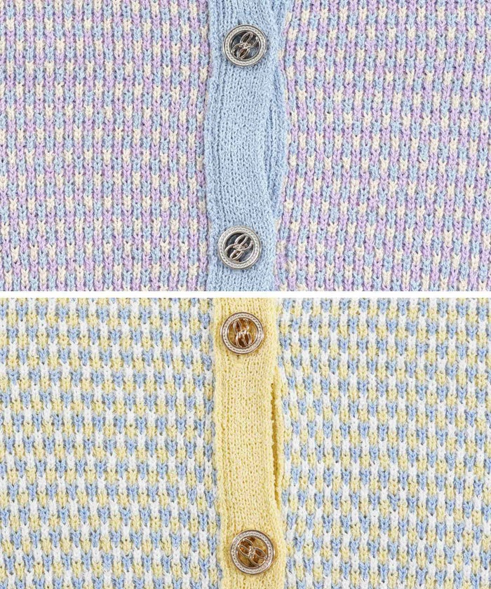 サマーツイード編みニットカーディガン半袖袖口裾リブ