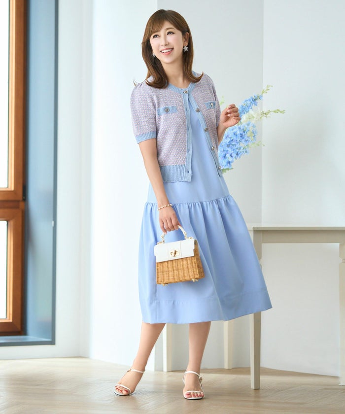 サマーツイード編みニットカーディガン半袖袖口裾リブ