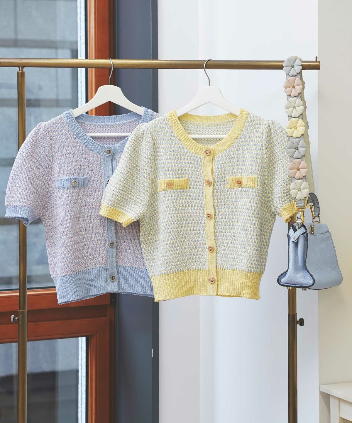 サマーツイード編みニットカーディガン半袖袖口裾リブ