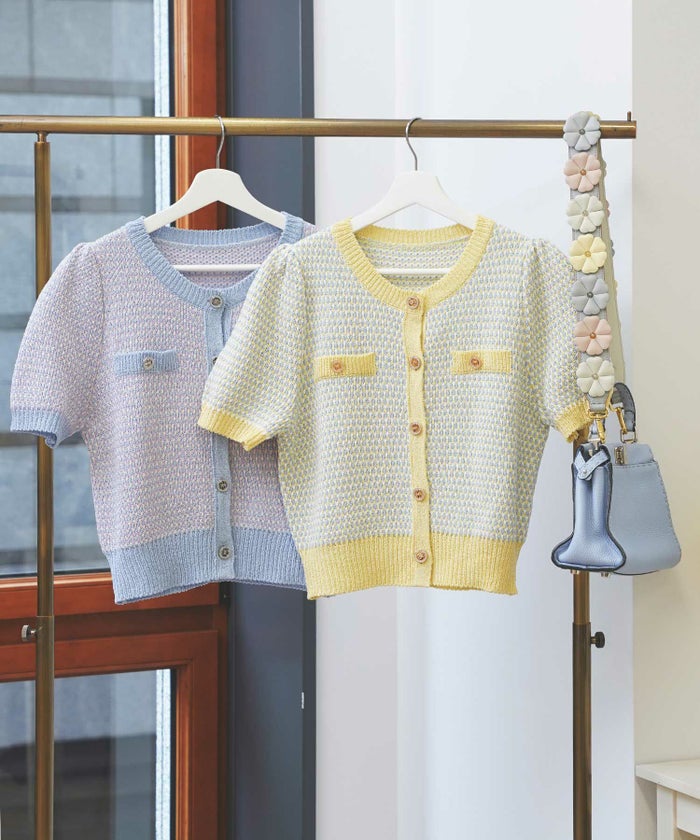 サマーツイード編みニットカーディガン半袖袖口裾リブ