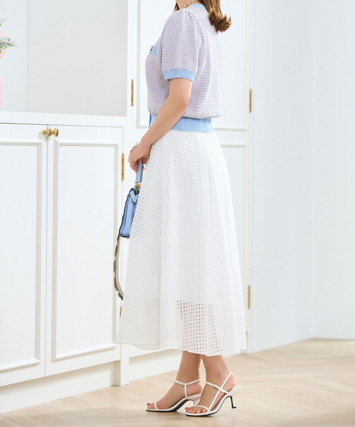 サマーツイード編みニットカーディガン半袖袖口裾リブ