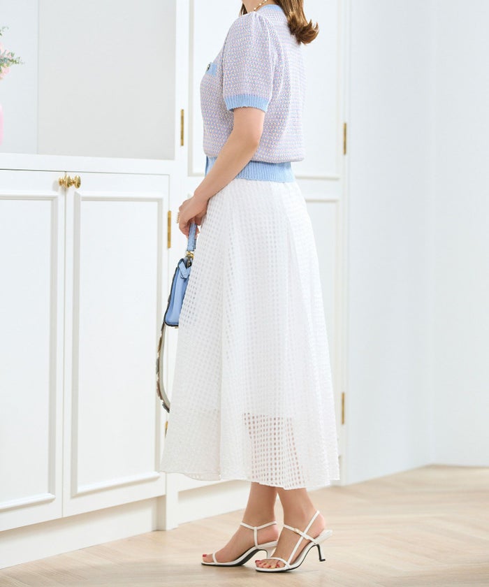 サマーツイード編みニットカーディガン半袖袖口裾リブ