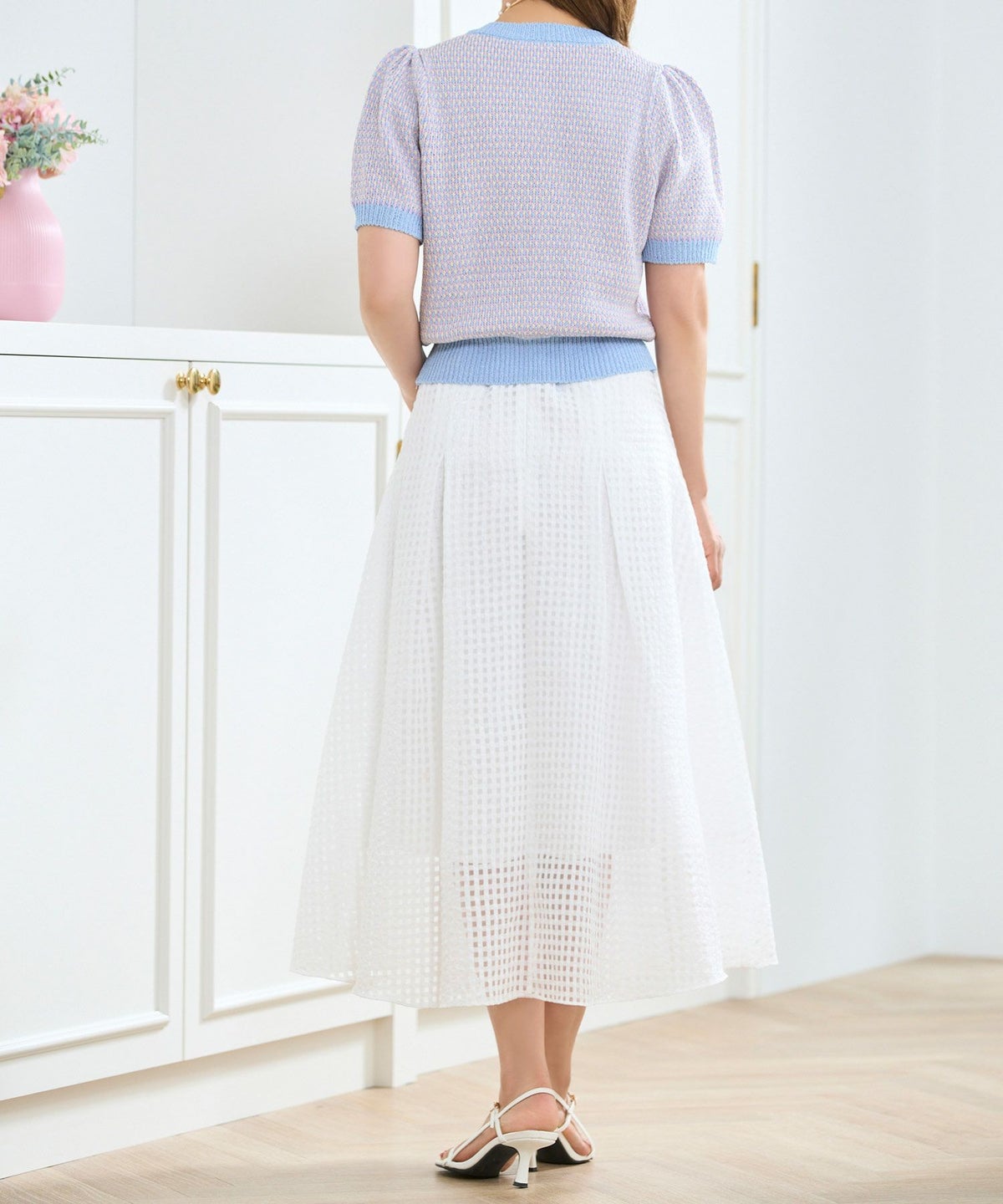 サマーツイード編みニットカーディガン半袖袖口裾リブ