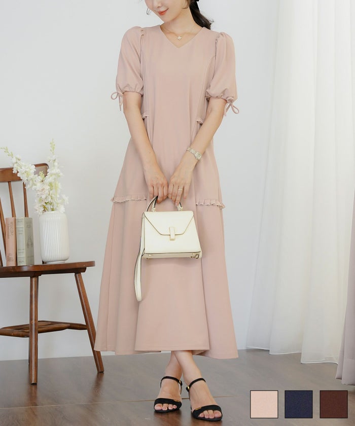 リボン 袖口ゴム 伸縮 ポケット ロング ミモレ タックプリーツ フリル ハイウエスト 妊婦 マタニティ ゆったり こっくりカラー 涙あき フェミニン 上品 エレガント カワイイ 大人 ピンク ネイビー ブラウン カットジョーゼットイージーワンピース le reve vaniller