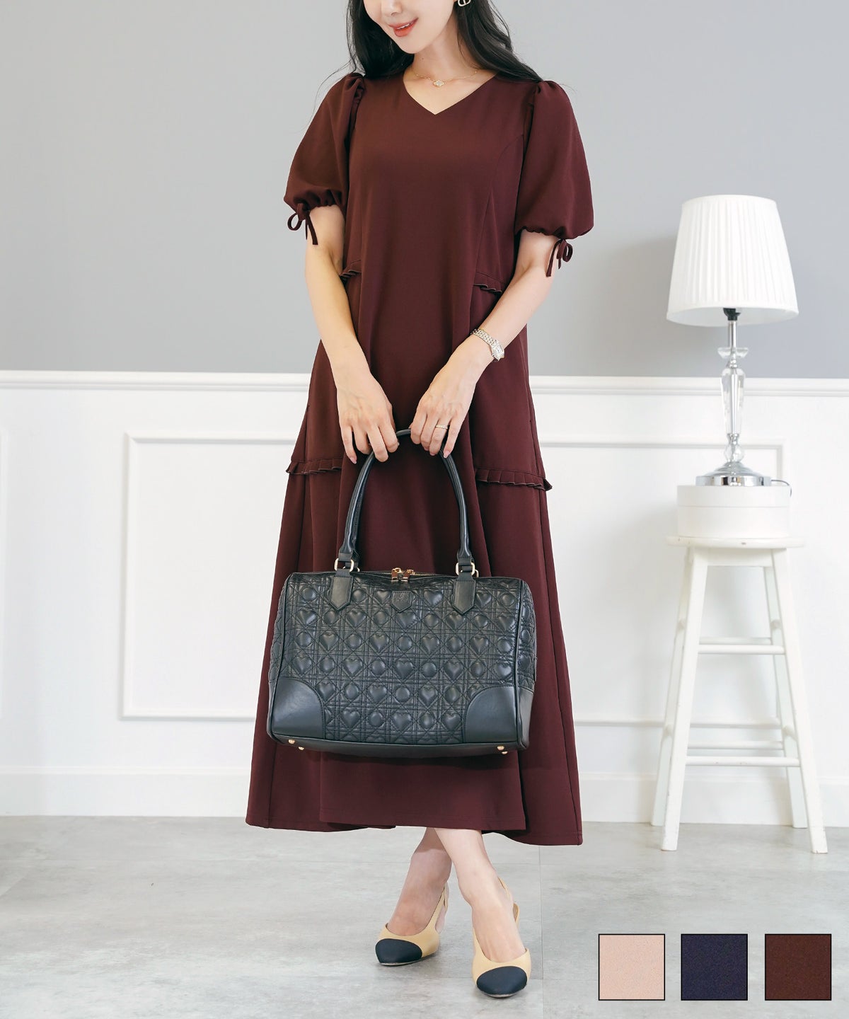 リボン 袖口ゴム 伸縮 ポケット ロング ミモレ タックプリーツ フリル ハイウエスト 妊婦 マタニティ ゆったり こっくりカラー 涙あき フェミニン 上品 エレガント カワイイ 大人 ピンク ネイビー ブラウン カットジョーゼットイージーワンピース le reve vaniller