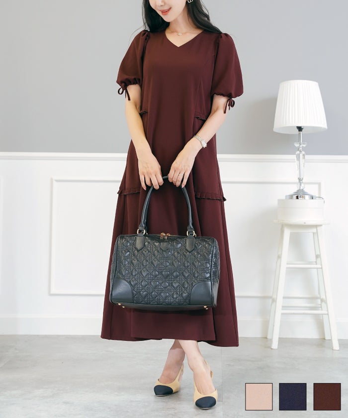 リボン 袖口ゴム 伸縮 ポケット ロング ミモレ タックプリーツ フリル ハイウエスト 妊婦 マタニティ ゆったり こっくりカラー 涙あき フェミニン 上品 エレガント カワイイ 大人 ピンク ネイビー ブラウン カットジョーゼットイージーワンピース le reve vaniller