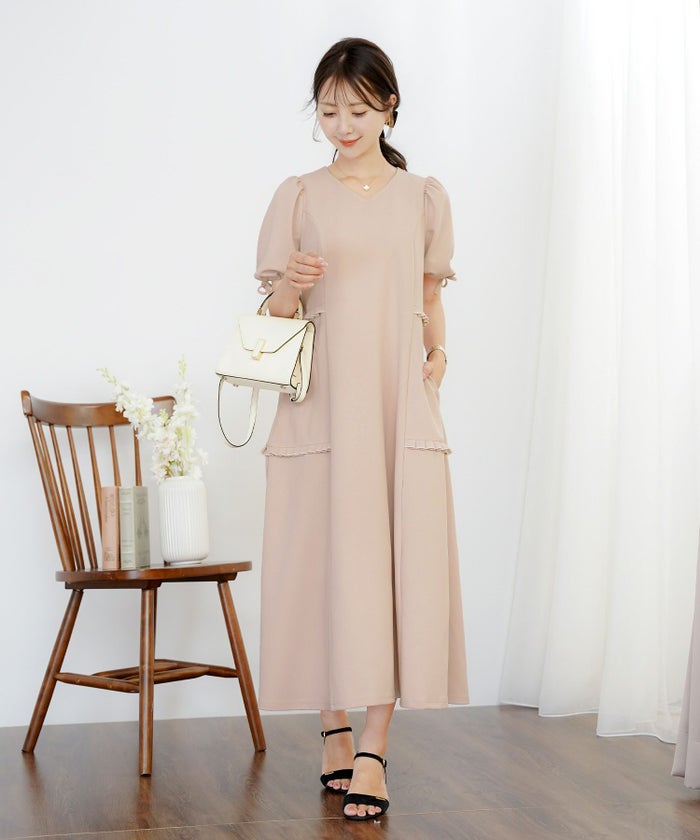 レディースワンピースフレアワンピース袖口リボンリボン袖口ゴム伸縮ポケットロングミモレタックプリーツフリルハイウエスト妊婦マタニティゆったりこっくりカラー涙あきフェミニン上品エレガントカワイイ大人ピンクネイビーブラウン