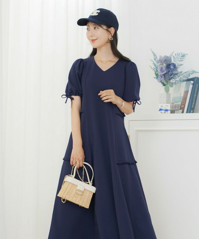 レディースワンピースフレアワンピース袖口リボンリボン袖口ゴム伸縮ポケットロングミモレタックプリーツフリルハイウエスト妊婦マタニティゆったりこっくりカラー涙あきフェミニン上品エレガントカワイイ大人ピンクネイビーブラウン