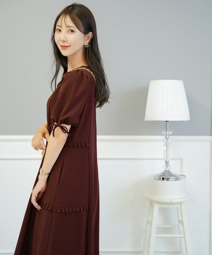 レディースワンピースフレアワンピース袖口リボンリボン袖口ゴム伸縮ポケットロングミモレタックプリーツフリルハイウエスト妊婦マタニティゆったりこっくりカラー涙あきフェミニン上品エレガントカワイイ大人ピンクネイビーブラウン