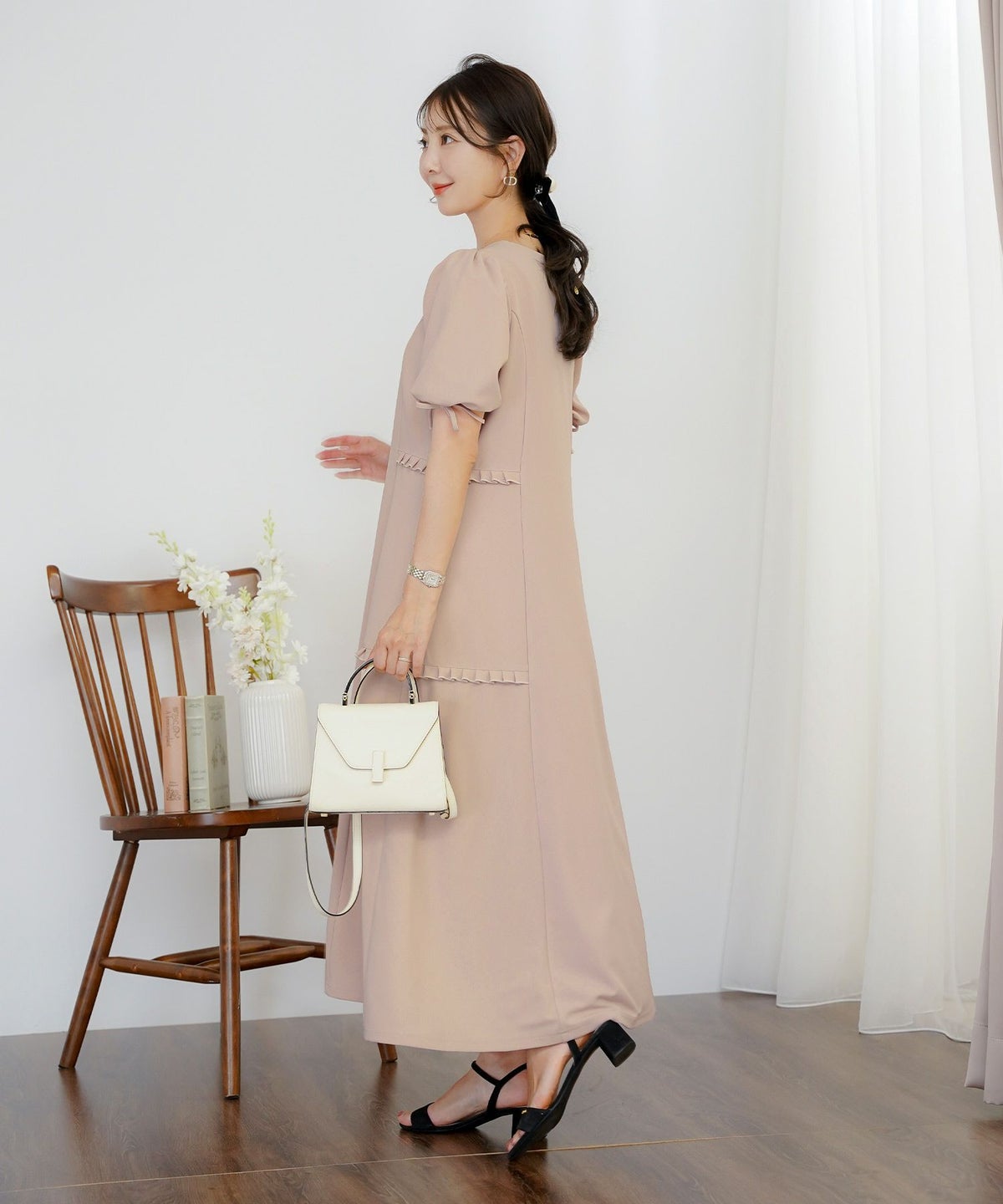 レディースワンピースフレアワンピース袖口リボンリボン袖口ゴム伸縮ポケットロングミモレタックプリーツフリルハイウエスト妊婦マタニティゆったりこっくりカラー涙あきフェミニン上品エレガントカワイイ大人ピンクネイビーブラウン