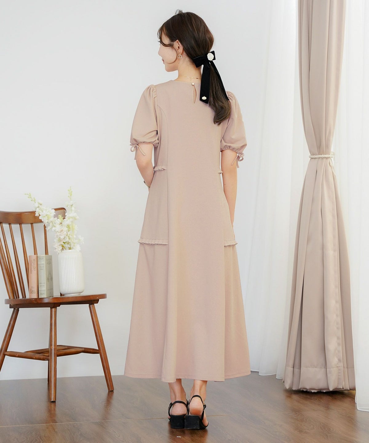 レディースワンピースフレアワンピース袖口リボンリボン袖口ゴム伸縮ポケットロングミモレタックプリーツフリルハイウエスト妊婦マタニティゆったりこっくりカラー涙あきフェミニン上品エレガントカワイイ大人ピンクネイビーブラウン