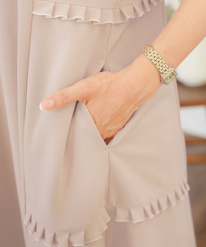 レディースワンピースフレアワンピース袖口リボンリボン袖口ゴム伸縮ポケットロングミモレタックプリーツフリルハイウエスト妊婦マタニティゆったりこっくりカラー涙あきフェミニン上品エレガントカワイイ大人ピンクネイビーブラウン