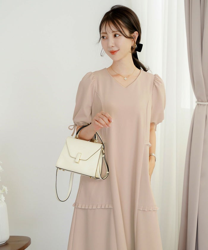 レディースワンピースフレアワンピース袖口リボンリボン袖口ゴム伸縮ポケットロングミモレタックプリーツフリルハイウエスト妊婦マタニティゆったりこっくりカラー涙あきフェミニン上品エレガントカワイイ大人ピンクネイビーブラウン