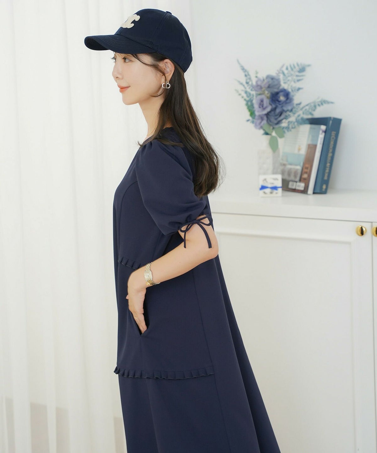 レディースワンピースフレアワンピース袖口リボンリボン袖口ゴム伸縮ポケットロングミモレタックプリーツフリルハイウエスト妊婦マタニティゆったりこっくりカラー涙あきフェミニン上品エレガントカワイイ大人ピンクネイビーブラウン