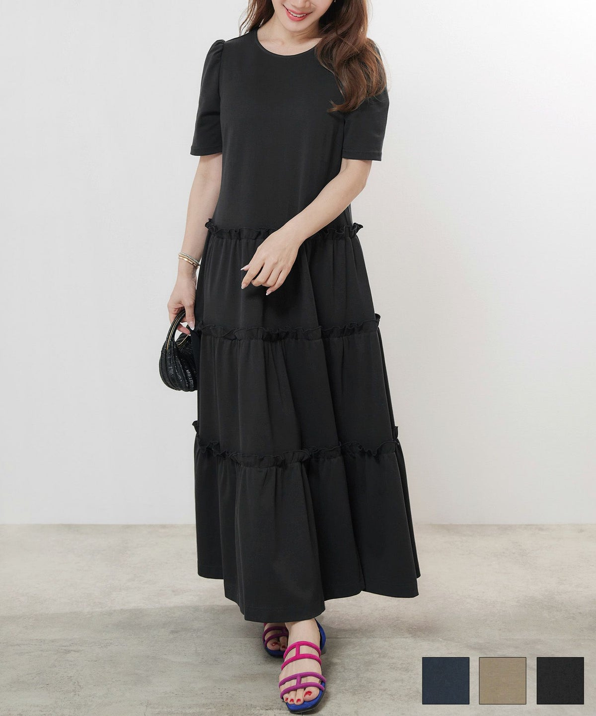 手洗い可 かわいい 上品 きれいめ 大人カジュアル シンプル リラックス 旅行 体型カバー ジョイントスペース ティアード 半袖 カットソー ワンピース Liala×PG