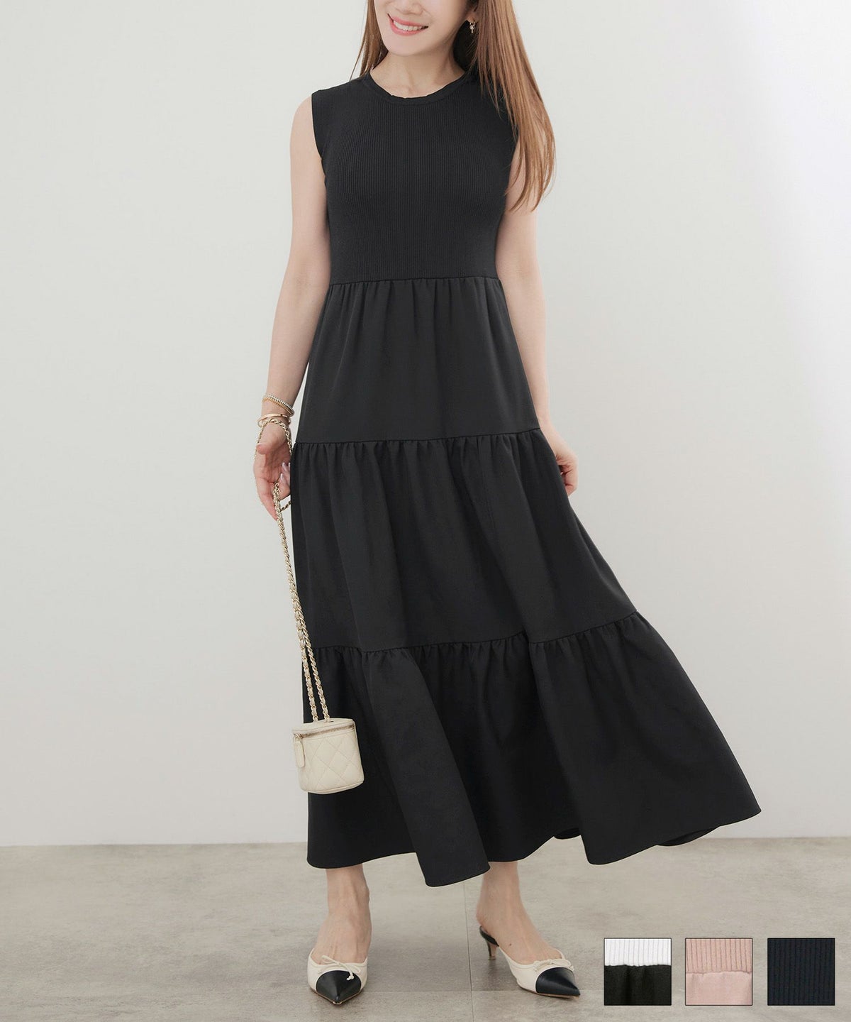 リブニット布帛ティアードドッキングワンピースLiala×PG