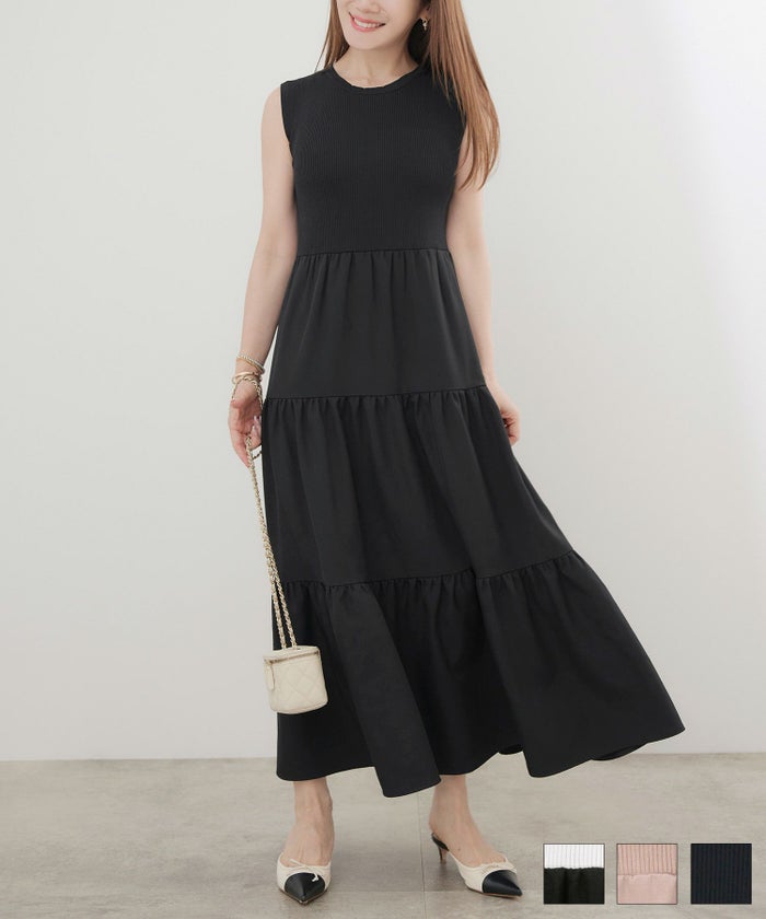 手洗い可 かわいい 上品 きれいめ 大人カジュアル シンプル ノースリーブ 異素材 体型カバー フレア ジョイントスペース リブニット 布帛ティアード ドッキング ワンピース Liala×PG