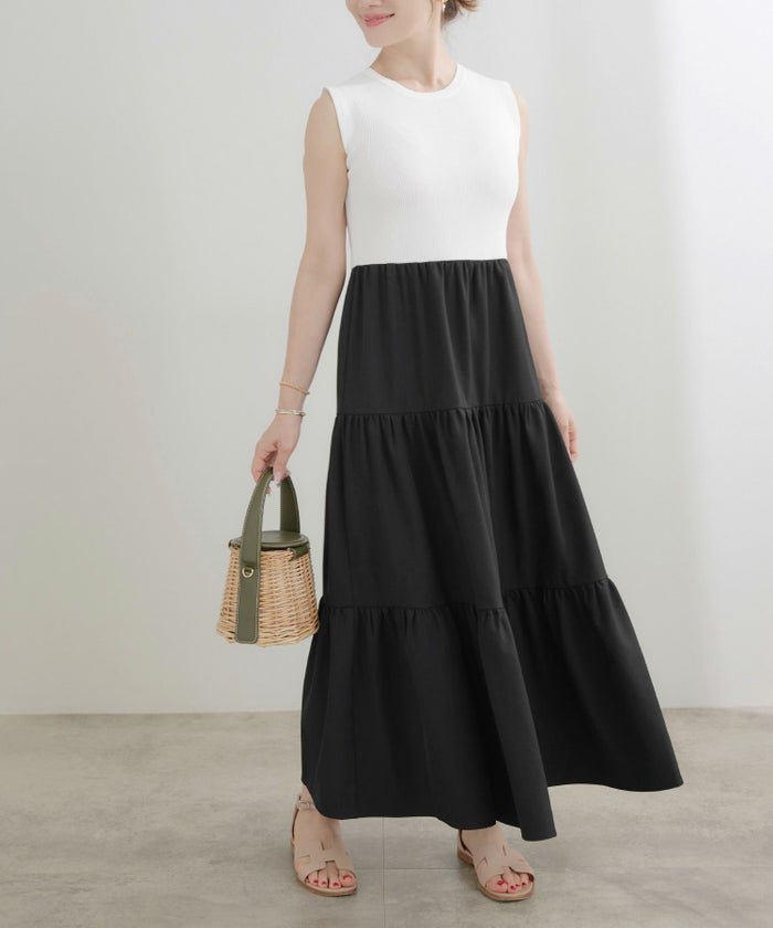 手洗い可かわいい上品きれいめ大人カジュアルシンプルノースリーブ異素材体型カバーフレアジョイントスペース