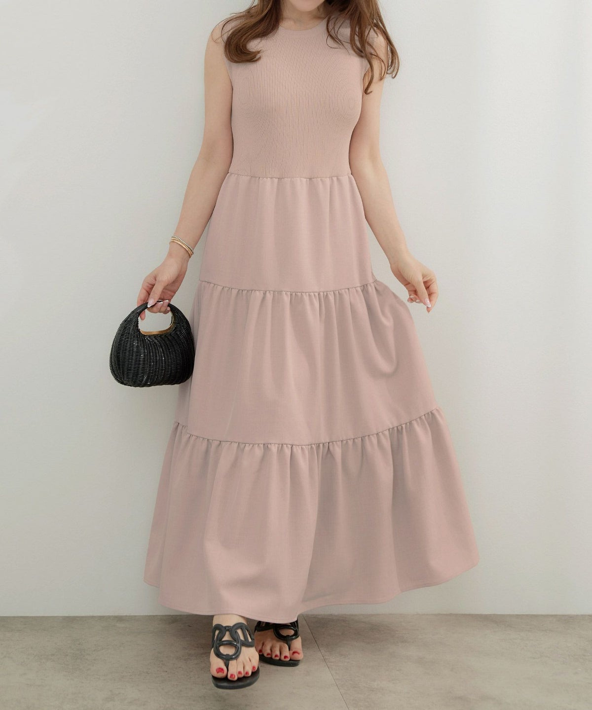 手洗い可かわいい上品きれいめ大人カジュアルシンプルノースリーブ異素材体型カバーフレアジョイントスペース