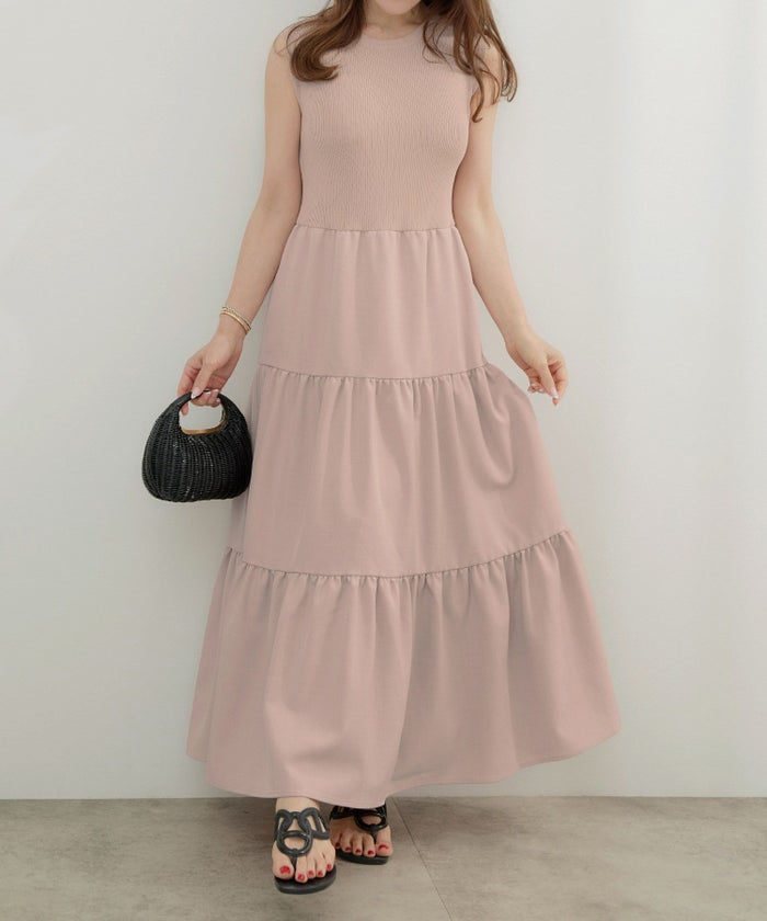 手洗い可かわいい上品きれいめ大人カジュアルシンプルノースリーブ異素材体型カバーフレアジョイントスペース