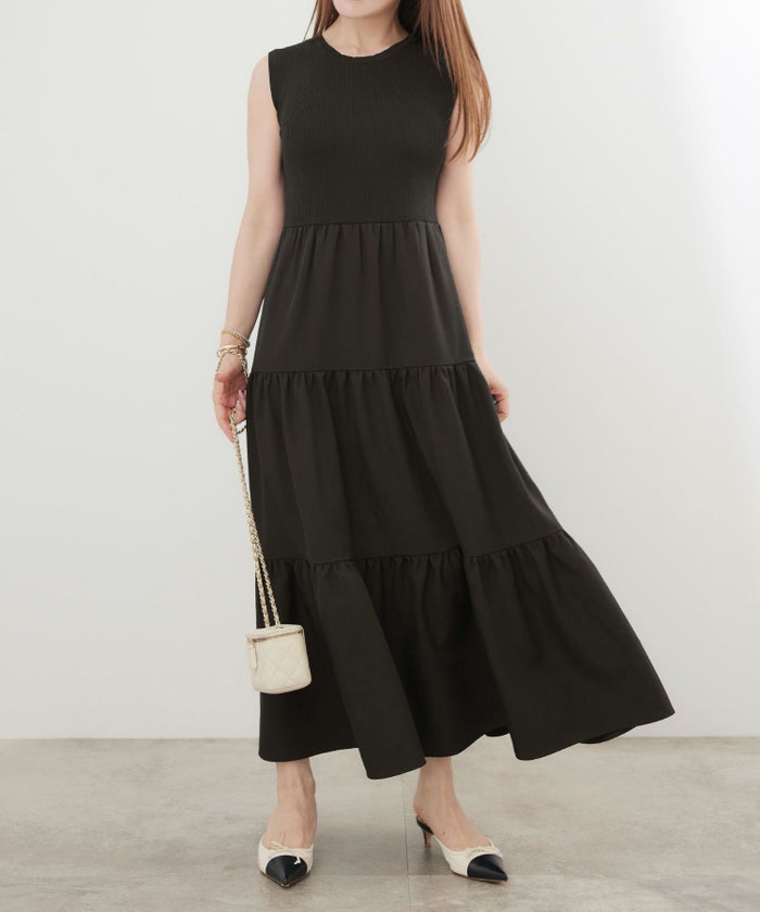 手洗い可かわいい上品きれいめ大人カジュアルシンプルノースリーブ異素材体型カバーフレアジョイントスペース