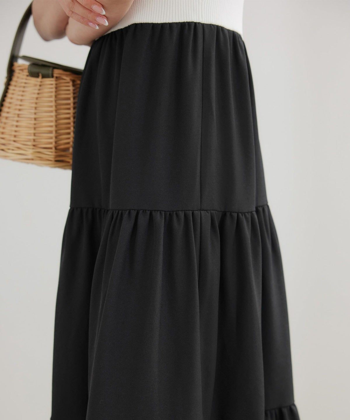 手洗い可かわいい上品きれいめ大人カジュアルシンプルノースリーブ異素材体型カバーフレアジョイントスペース