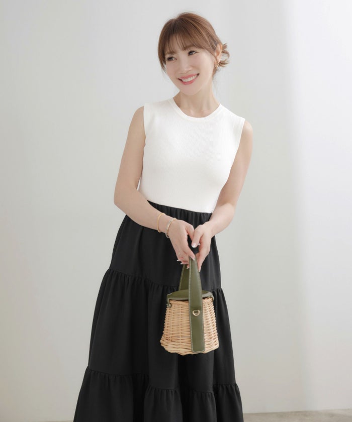 手洗い可かわいい上品きれいめ大人カジュアルシンプルノースリーブ異素材体型カバーフレアジョイントスペース