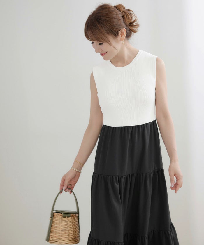 手洗い可かわいい上品きれいめ大人カジュアルシンプルノースリーブ異素材体型カバーフレアジョイントスペース