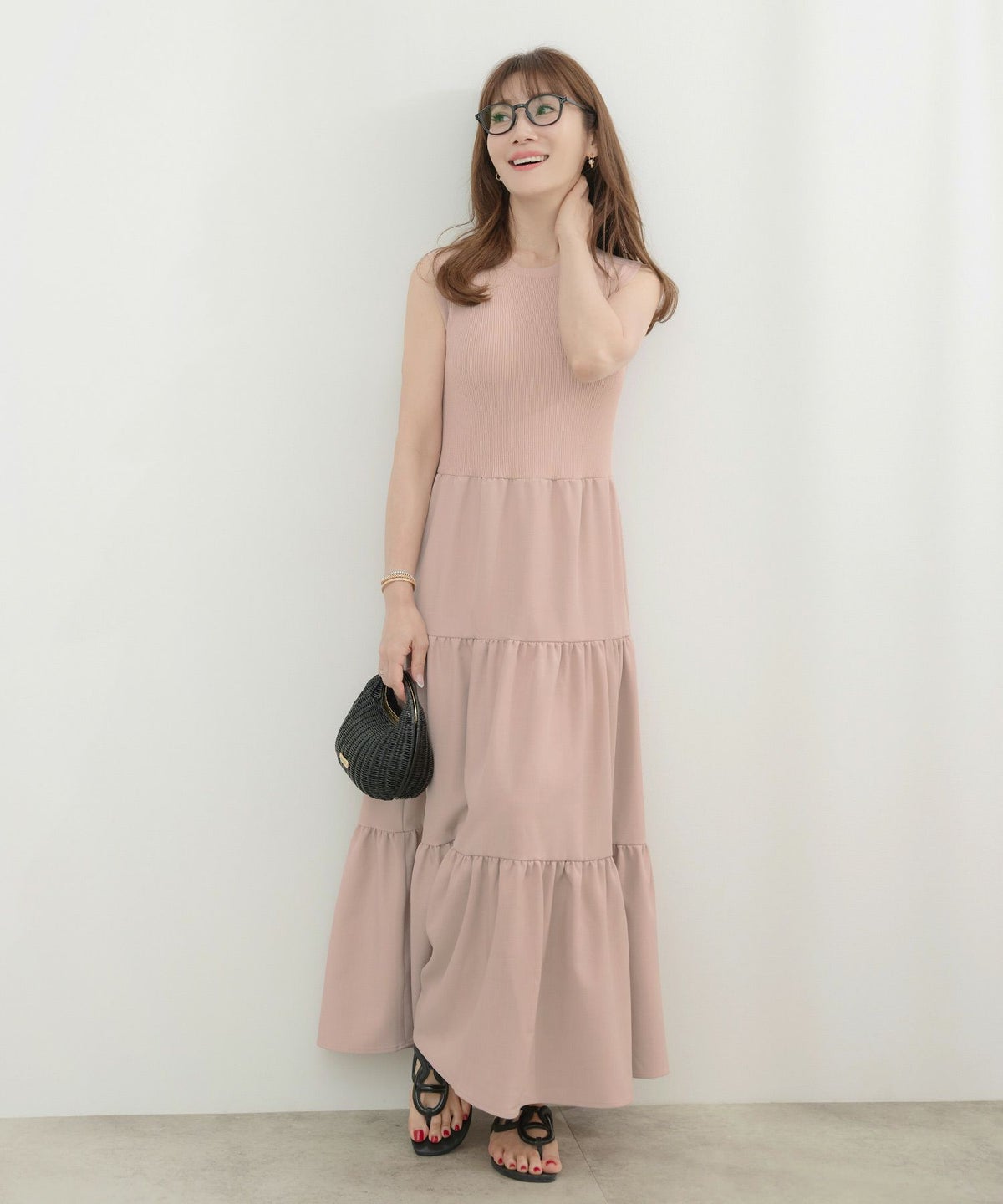 手洗い可かわいい上品きれいめ大人カジュアルシンプルノースリーブ異素材体型カバーフレアジョイントスペース