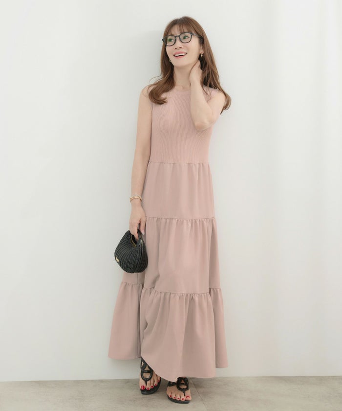 手洗い可かわいい上品きれいめ大人カジュアルシンプルノースリーブ異素材体型カバーフレアジョイントスペース