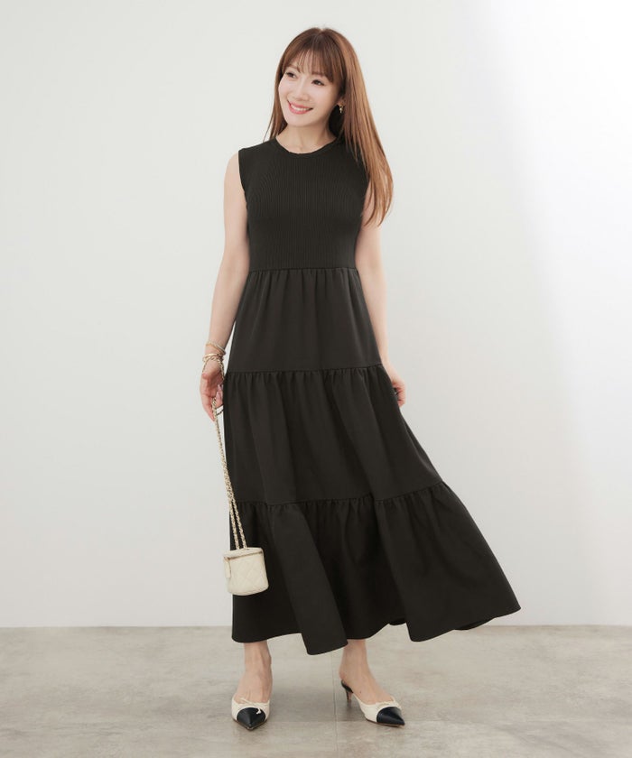 手洗い可かわいい上品きれいめ大人カジュアルシンプルノースリーブ異素材体型カバーフレアジョイントスペース