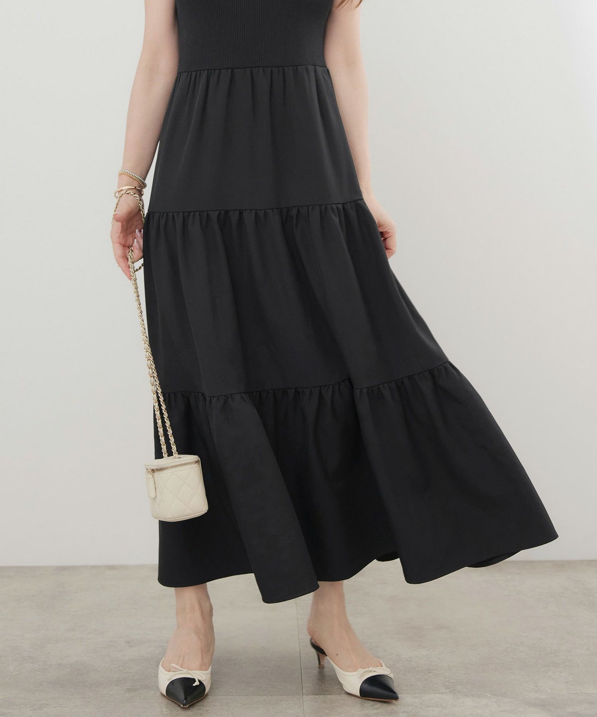 手洗い可かわいい上品きれいめ大人カジュアルシンプルノースリーブ異素材体型カバーフレアジョイントスペース