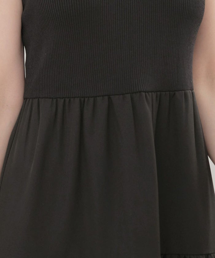 手洗い可かわいい上品きれいめ大人カジュアルシンプルノースリーブ異素材体型カバーフレアジョイントスペース