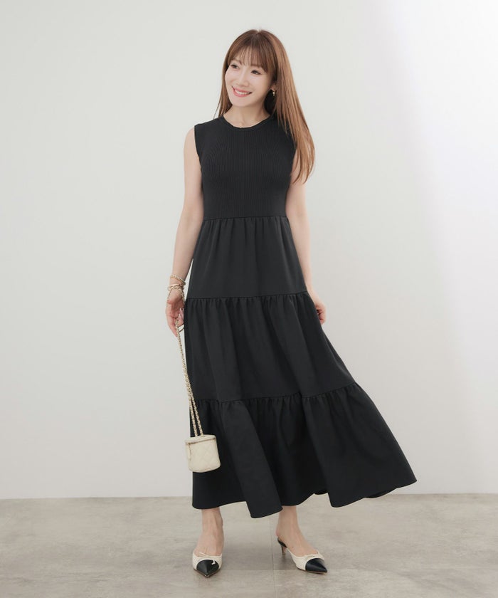 手洗い可かわいい上品きれいめ大人カジュアルシンプルノースリーブ異素材体型カバーフレアジョイントスペース