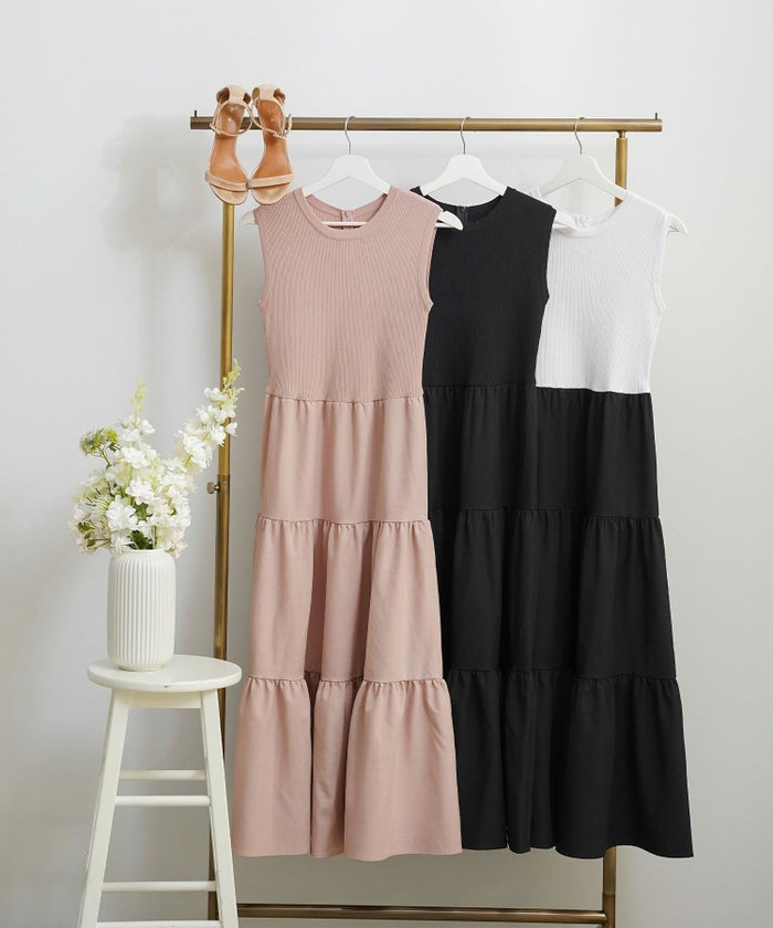 手洗い可かわいい上品きれいめ大人カジュアルシンプルノースリーブ異素材体型カバーフレアジョイントスペース