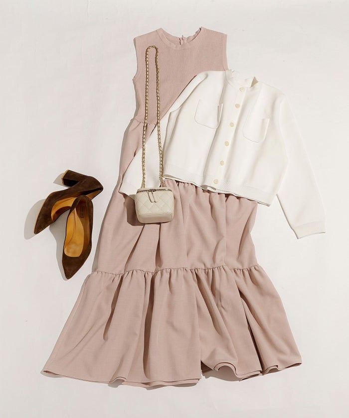 手洗い可かわいい上品きれいめ大人カジュアルシンプルノースリーブ異素材体型カバーフレアジョイントスペース