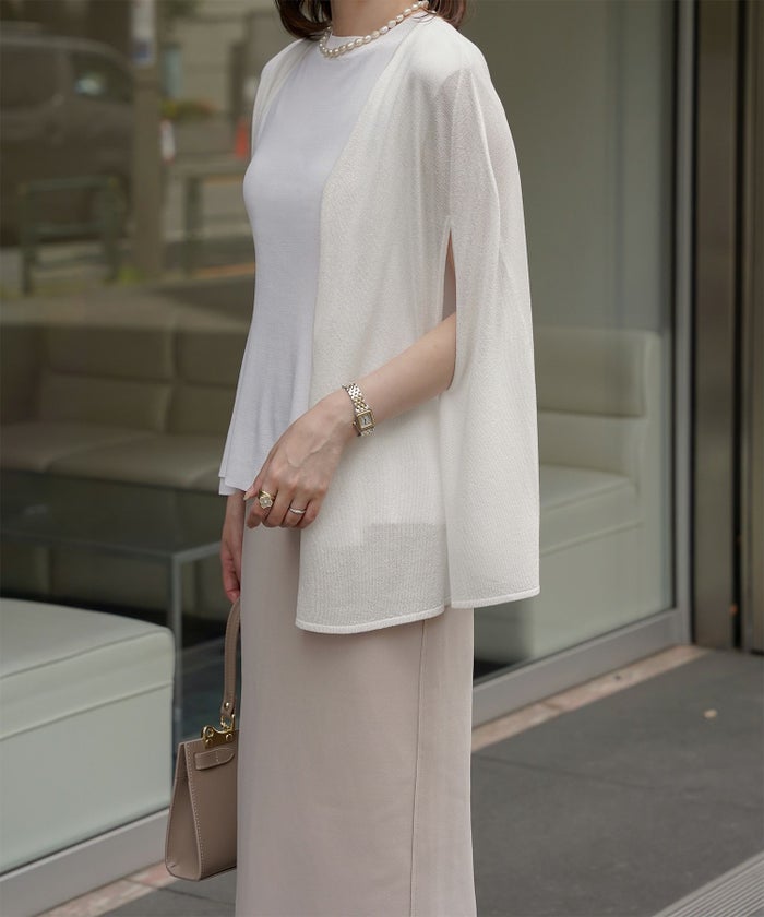 ケープ ニット カーディガン HUIT ホワイト/ベージュ/ブラック レディース シアー 薄手 ラメ オフィス 冷房対策 きれいめ 洗える